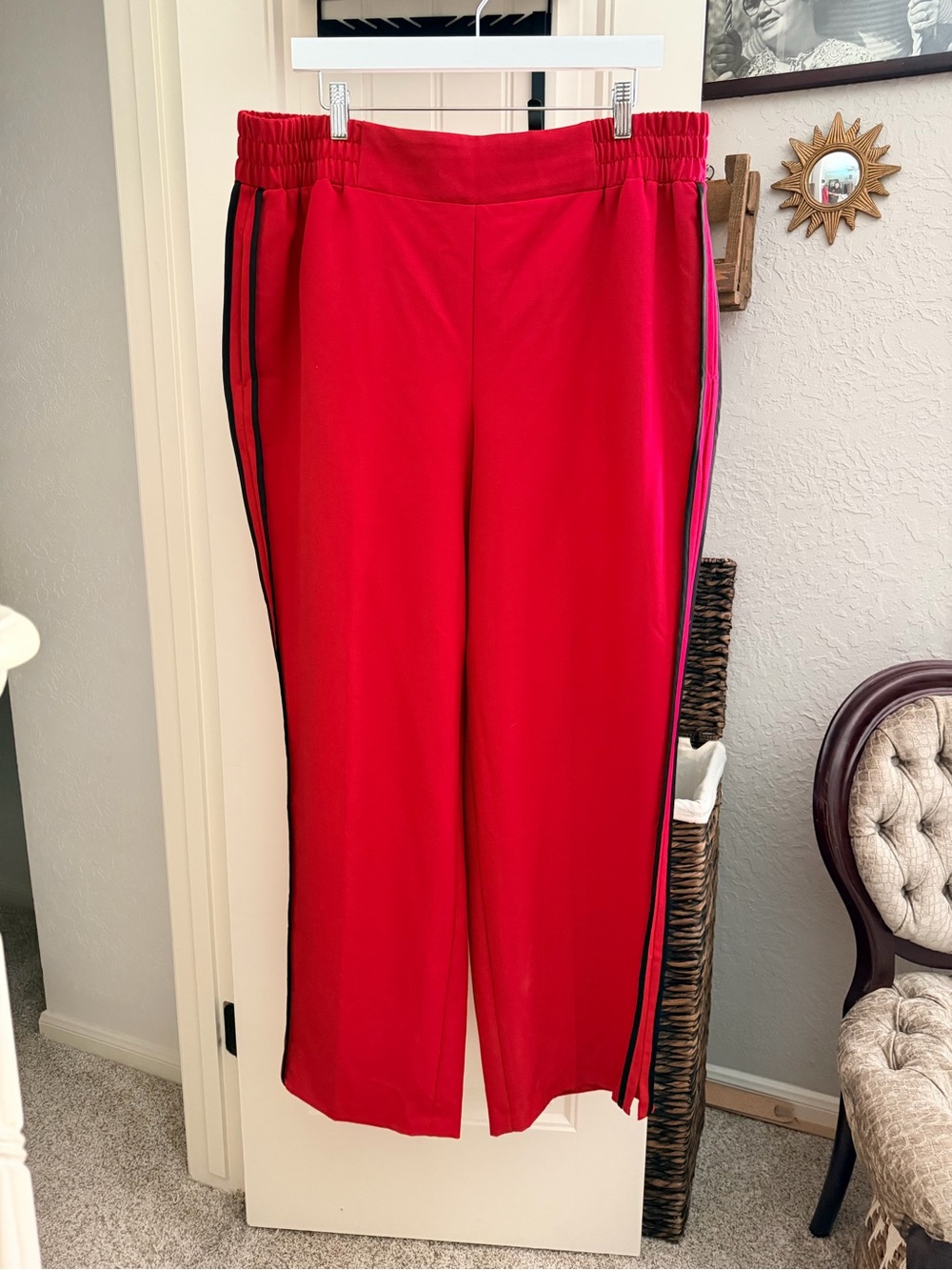Lane Bryant Red Wide-Leg Pull-On Pants with Black Side Stripes